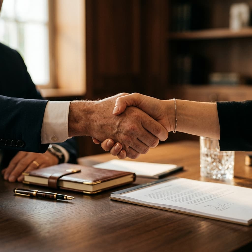 Two people shaking hands across a desk, over a signed document, a leather notebook and a fountain pen